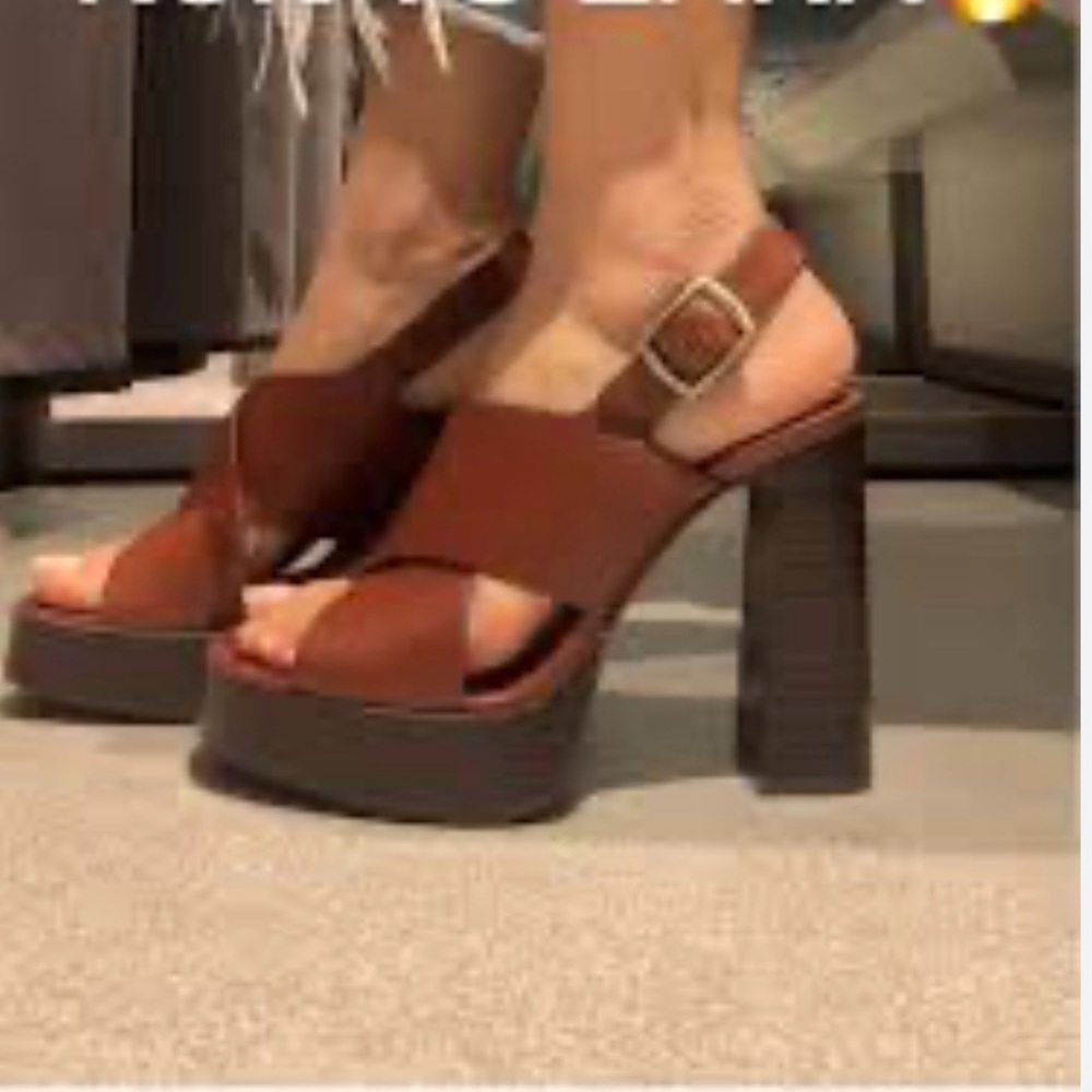 Zara Dark Brown Leather Crisscross Platform Slingback Sandals Size 40